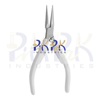 Alicates de punta fina de precisión de acero inoxidable de 140 mm con cadena larga, mordazas lisas, resorte y mango de plástico blanco para crimpado, pesca, joyería y circlips