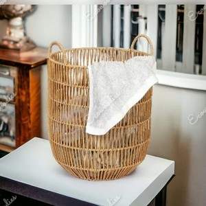 Home Organizer Space-Saving Rattan Bamboo Laundry <b>Basket</b> with Handle Woven <b>Basket</b> <b>for</b> Clothing Storage in <b>Bathroom</b> and Home - Product Image 1
