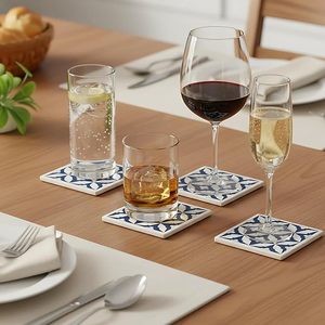 Handcrafted Luxury Blue White Floral Design Resin Inlay Walnut <b>Coasters</b> Holder Durable Eco-Friendly Customizable Color Modern - Product Image 4