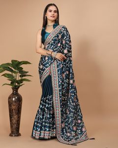Saree en soie de Georgette de travail de broderie lourde de concepteur pour le festival de fête des femmes par FABZONE de haute qualité - Product Image 4