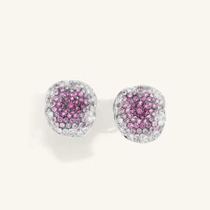 Élégantes boucles d'oreilles clous en or blanc avec saphir rose et diamants en grappe - Product Image 1