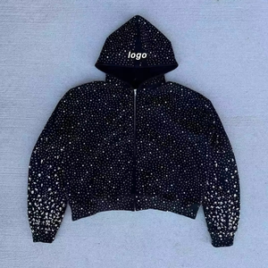 Fabrication en usine de sweats à capuche personnalisés pour hommes en coton 100% 380GSM, pierres brillantes brodées, polaire vintage lavée, unisexe - Product Image 1