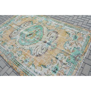 Classic Vintage Turkish Rug 5.5 X 8.3ft Handmade Blue <b>Yellow</b> Patchwork Design for Living Room New <b>Wool</b> with Latex Backing - Product Image 4