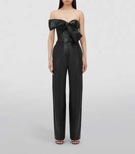 Pantalon en cuir ajusté ample personnalisé unisexe Design de mode taille moyenne couleur noire unie coupe droite pour les femmes pour l'hiver - Product Image 2