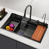 Évier de cuisine intelligent en acier inoxydable 304 avec cascade, robinet à affichage LED, rince-tasses et panier d'égouttage – Vente en gros