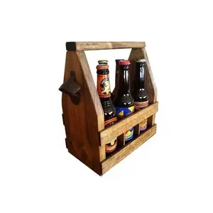 זול עץ באר Caddy בעבודת יד בקבוק Carrier עם פותחן מחזיק 6 חריצים סודה בירה