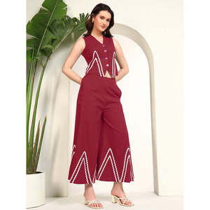 Conjunto de 2 piezas de rayón color granate para mujer de Deebaco, chaleco geométrico sin mangas con cuello en V, pantalón hasta el tobillo, conjunto formal de verano - Product Image 5