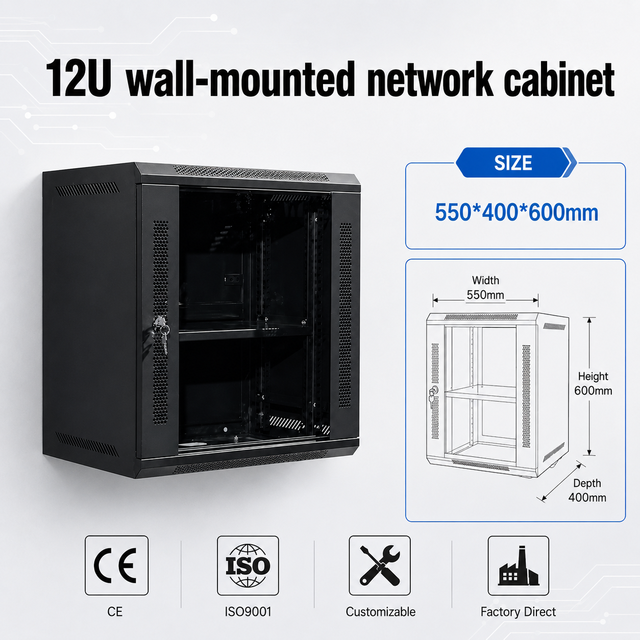 12U Wall Mounted Network Cabinet 19 Inch Server Rack Cabinet 600x600mm CE Certified SPCC Steel Glass Door Data Center Rack