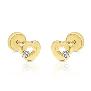 9K Solid Gold Heart Stud <b>Earrings</b> With Diamond (Available 10K, 14K, 18K)Women Kids Ear Clip Screw <b>Back</b> Made in Spain - Product Image 1