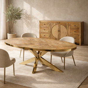 Handmade Solid Mango <b>Wood</b> Oval Dining <b>Table</b> | Herringbone <b>Top</b> Gold Metal Base | Modern Industrial Restaurant Furniture Akku Arts - Product Image 2