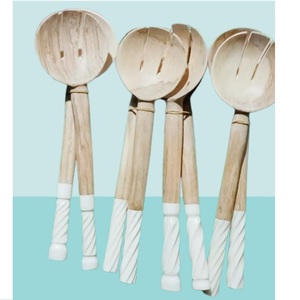 Juego de 2 Cucharas de Madera y Resina para Servir Ensaladas de la Mejor Calidad, Diseño Moderno, Tenedores de Acero Inoxidable y Bambú para Bodas - Product Image 2