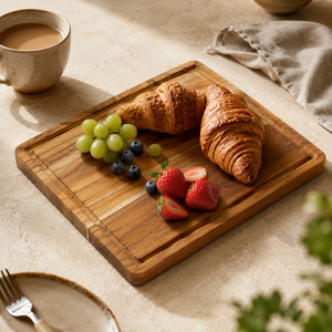 Planche à découper en teck massif, 2,5 cm d'épaisseur, robuste, avec rainure profonde pour le jus, idéale pour la viande, les légumes, les steaks et la découpe. - Product Image 4