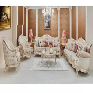 Ensemble de canapés italiens de style classique, sept places, sculptées à la main, meubles de salon en bois de teck avec dessins élégants, look chic pour la maison - Product Image 1