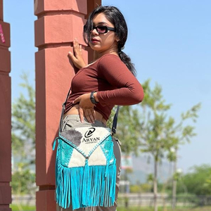 Bolso de Cuero con Flecos y Pelo de Estilo Occidental para Mujer, Bolso de Mano de Cuero Turquesa con Grabado, Bolsos de Hombro de Cuero Estilo Boho - Product Image 1