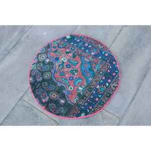 Alfombra Redonda Vintage de 2x2 pies, Alfombra Abstracta Azul Turca - Product Image 3