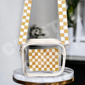 Sangle de sac à main perlée personnalisée à carreaux rouge profond sangles de sac de perles de rocaille en or blanc accessoires à la mode pour sacs - Product Image 2