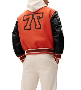 Veste à manches en cuir orange vintage pour hommes Logo personnalisé Laine Chenille Broderie Baseball Letterman Col montant pour le printemps - Product Image 5