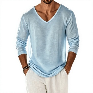 T-shirt en tricot à manches longues pour homme, bleu clair, col en V, coupe ample, décontracté, couleur unie, respirant, en coton - Product Image 1