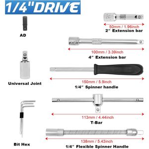 53 pièces 1/4 pouces lecteur CRV clé à cliquet à douille profonde finition chromée pour la réparation de bricolage, y compris les caractéristiques hexagonales Torx carrées OEM - Product Image 5