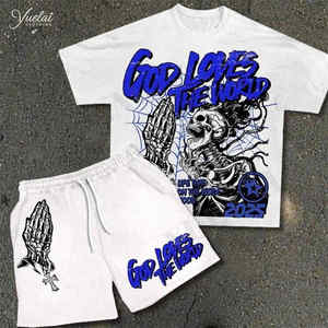 Ensemble de survêtement 2 pièces pour homme, style urbain, avec short de motard et t-shirt à col rond en coton respirant imprimé avec logo personnalisé - Product Image 6