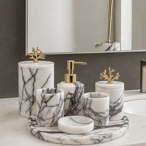 Ensemble d'accessoires de salle de bain moderne en marbre fait main de luxe, trois pièces, personnalisable, pour hôtels, villas, stations balnéaires, qualité supérieure, savon - Product Image 3