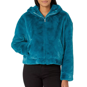 Custom Logo Winter Warm Women's Heavy Faux <b>Fur</b> Lined <b>Hoodie</b> Zipper-up Thick Solid Blue Front Printed Hooded Collar - Product Image 1