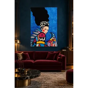 Fida Pop Art Femme avec oiseau sur fond bleu Impression sur toile - Product Image 4