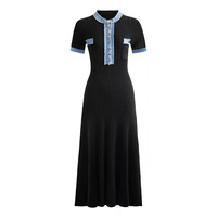 Gaun Maxi Wol Wanita Kerah O Lengan Pendek Kancing Tunggal Rajutan Model Fit Flare Desain Patchwork Pakaian Musim Panas Wanita Kancing