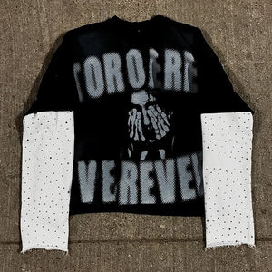 Camiseta Extra Grande de Algodón con Bordado Desgastado Personalizado, Doble Capa, para Hombre, con Piedras y Diseño Estampado - Product Image 1