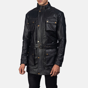 Veste d'hiver authentique pour homme avec fermeture éclair, poches avant, ceinture à la taille, en cuir noir, coupe-vent et respirante - Product Image 2