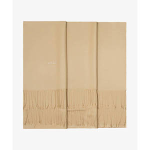 Châle rectangulaire en soie beige avec imprimé floral et pompons ornés de pierres - Product Image 1
