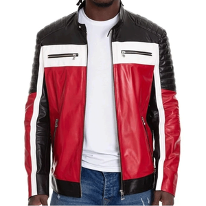 Chaqueta de moto de cuero genuino para hombre de motorista con pista protegida CE blindada chaqueta de moto de cuero rojo/negro/blanco para hombre - Product Image 1
