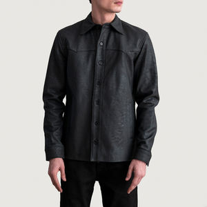 Chemise-veste en cuir gris anthracite pour homme, fermeture à boutons, manches longues, col, cuir véritable, décontractée, élégante, design de chemise-veste - Product Image 1