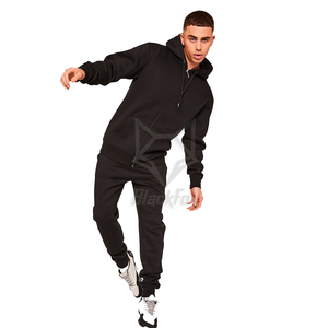 Men's Black Hooded Tracksuit Full <b>Zip</b> Casual Two Piece Set Solid Color Cotton Sweatshirt and Pants Autumn Wear - Product Image 2