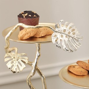 Luxury Gold Monstera Leaf Cake Stand With Marble Base 2 Tier Metal Cake Stand For Wedding Party <b>Buffet</b> <b>Table</b> Centerpiece - Product Image 4