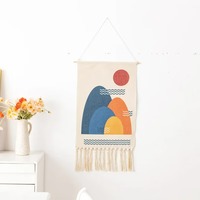 Tapiz de Pared de Macramé Hecho a Mano con Tela de Algodón y Varilla de Madera, Patrón Geométrico Simple, Tejido Moderno Personalizado para Decoración del Hogar