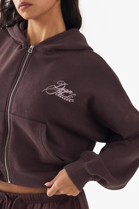 Gran oferta, Sudadera con capucha BoxyZip con guión de contraste para mujer con hombros caídos de Chocolate, sudaderas con capucha antiarrugas y transpirables para mujer - Product Image 4