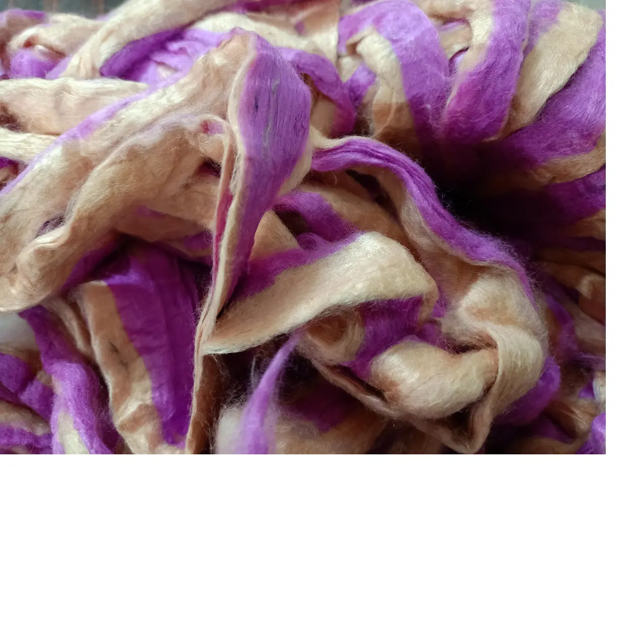 custom made sari silk sliver in two tone shades of purple and cream ideal for yarn and fiber stores suitable for felting