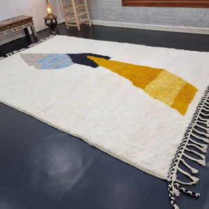 Best Quality Moroccan Abstract Area Rug <b>Mustard</b> White Shag Beni Ourain Wool Berber Carpet Handmade Boho Office Floor Authentic - Product Image 1