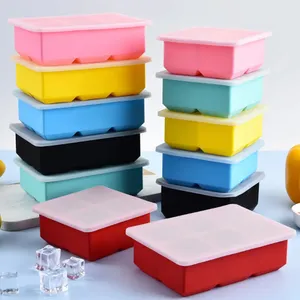 Moldes de silicone para blocos de gelo, bandeja de silicone com 6 cubos de gelo quadrados personalizada de silicone de qualidade alimentar com tampa