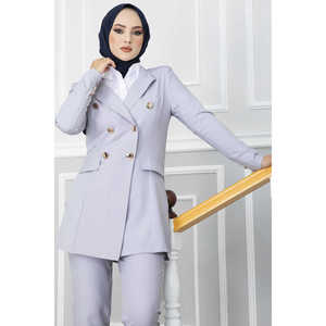 Conjunto de hiyab con detalle de pañuelo en el cuello, estilo oficinista, en gris - Product Image 4