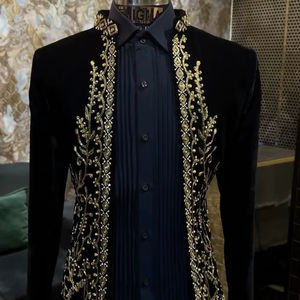 2025 @ Trendy Costumes blazer noirs élégants personnalisés pour hommes avec perles de verre en cristal embellies, travail Dabka pour mariage/fête - Product Image 1