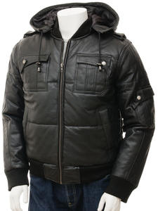 Blouson Bomber en Cuir Véritable à Capuche Unisexe Style Urbain Logo Avant Coupe-Vent Hiver Enduit - Product Image 3