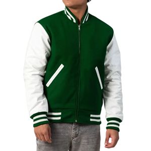 Blouson Bomber Unisexe Style Universitaire Entièrement Zippé, Corps en Laine, Manches en Similicuir, Col Rond, Patchwork, Écologique, Rétro, Style Athlétique Américain - Product Image 4