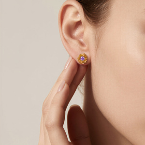 Jeulia Hope & Light Purple Stone Gold Sunflower Stud Earrings Trendy Bezel Set Gift - Product Image 6