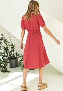 2025 prix de gros coton lin Boho lin robe rouge avec col en V et manches courtes vacances lin robe courte - Product Image 2