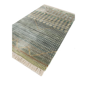 Alfombra de Seda Anudada a Mano Manchaha Verde con Patrón Geométrico para Sala de Estar, Alfombra Rectangular para Pasillo, Alfombra de Estilo Puzzle para Coche-LPS-18 - Product Image 2