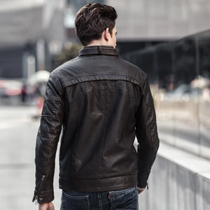 Blouson en cuir rétro pour homme style américain, col montant, veste de printemps saisonnière, streetwear, blazer, veste avant pour homme - Product Image 3