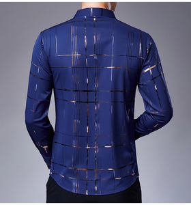 New Arrival <b>Men's</b> Casual Long Sleeve <b>Satin</b> Blouse <b>Shirt</b> Loose Fit Stand Collar Anti-Wrinkle Autumn Stripe Print Wholesale - Product Image 2