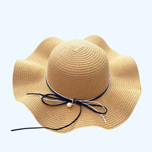 <b>Summer</b> Floppy Brim <b>Straw</b> Braided Pearl Pendant Bow Ruffles Natural Foldable Sunshade for Beach Outdoor Sun Travel Casual Wear - Product Image 2